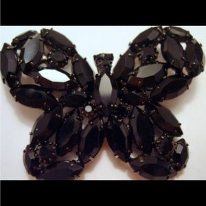 Vintage Black 1970s Rhinestone Butterfly Brooch